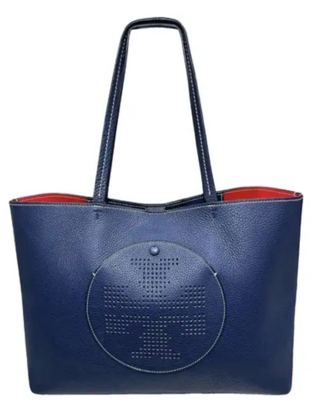 Tory Burch Electric Blue Perforated Logo Leather Tote with Red Interior